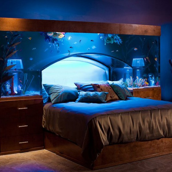 Home interior design ideas fish tank over bed