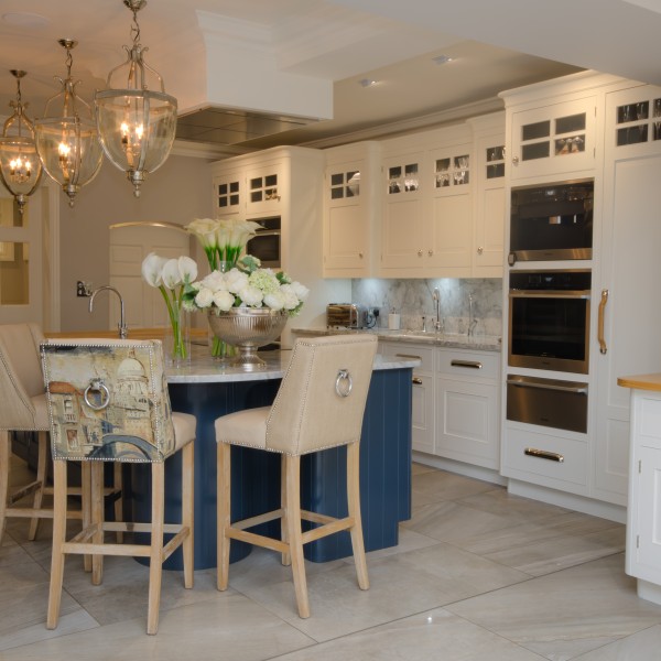 New England Kitchen Interiors with bespoke units and upholstered bar stools
