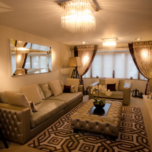 Geometric Rug and bespoke upholstery living room design