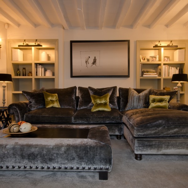 Luxury velvet sofa in a sitting room interior design