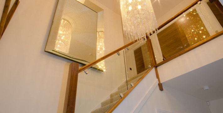 free falling chandelier stairway interior